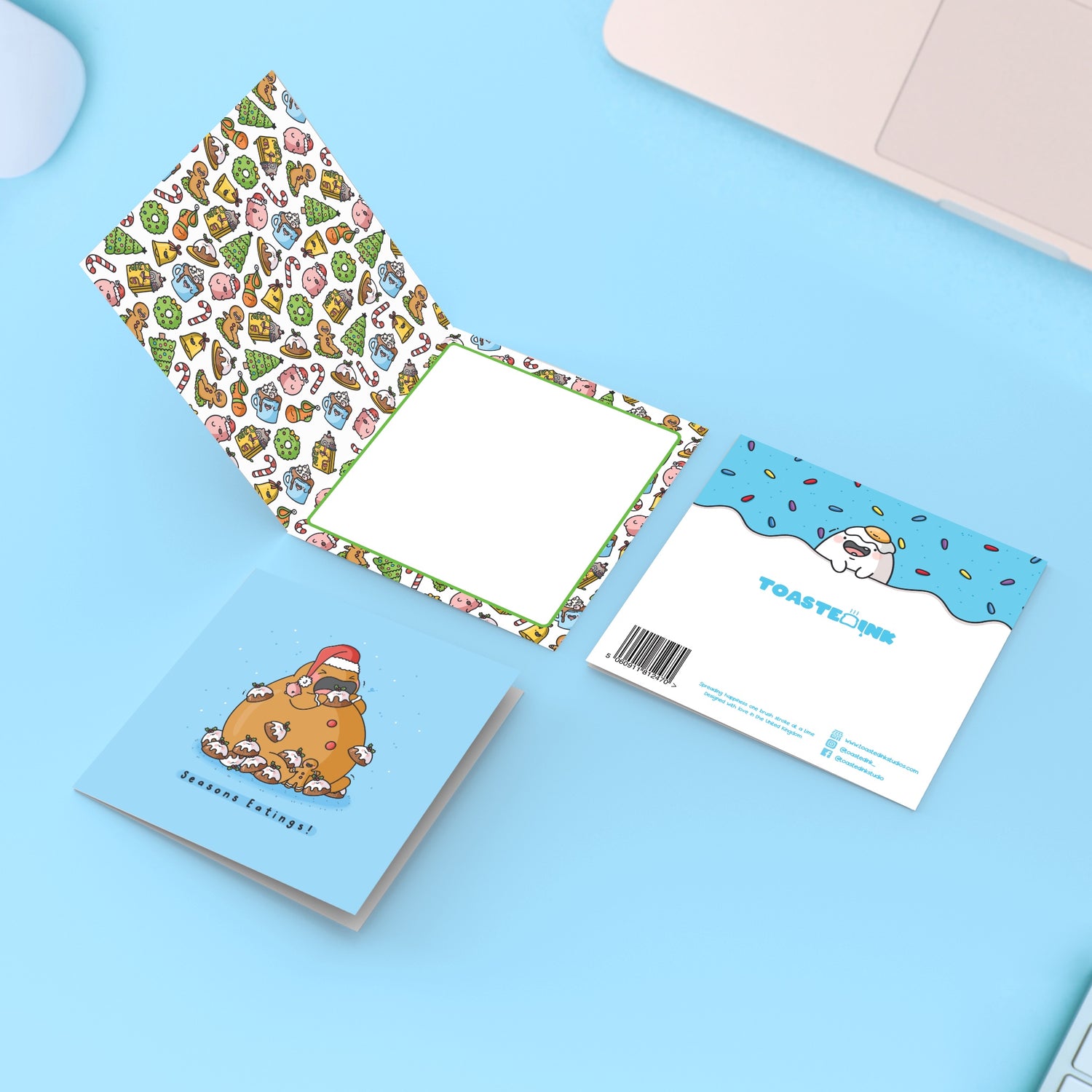 Christmas pudding card on blue table