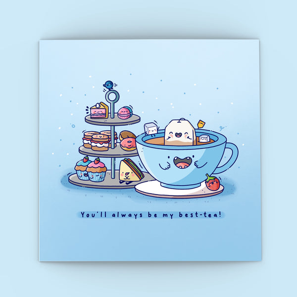 Cute Afternoon Tea Card on blue background