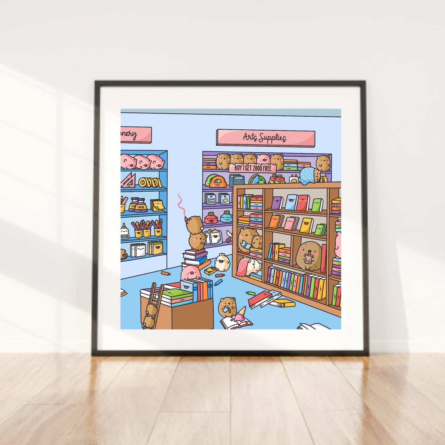 Cute Book Shop artwork on wooden table