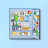 Beer anniversary card featuring beer party in the fridge