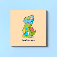 Dinosaur anniversary card on blue table