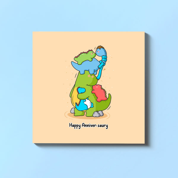 Dinosaur anniversary card on blue table