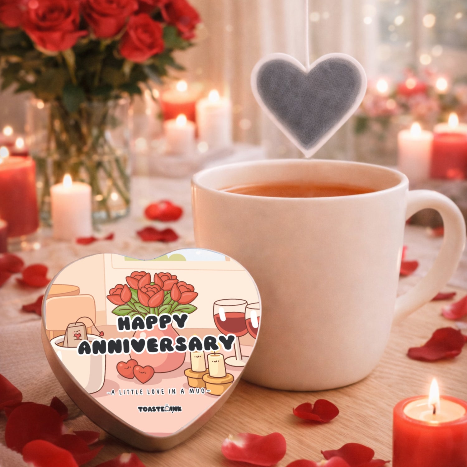 Heart Shaped Tea bags anniversary tin in romantic setting