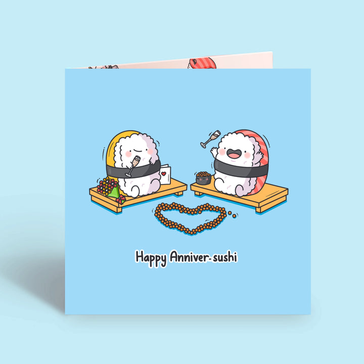 Sushi Anniversary Card on blue desk