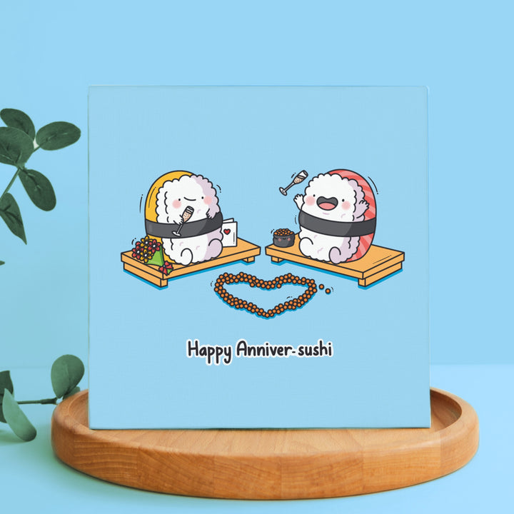 Sushi anniversary card on a wooden block