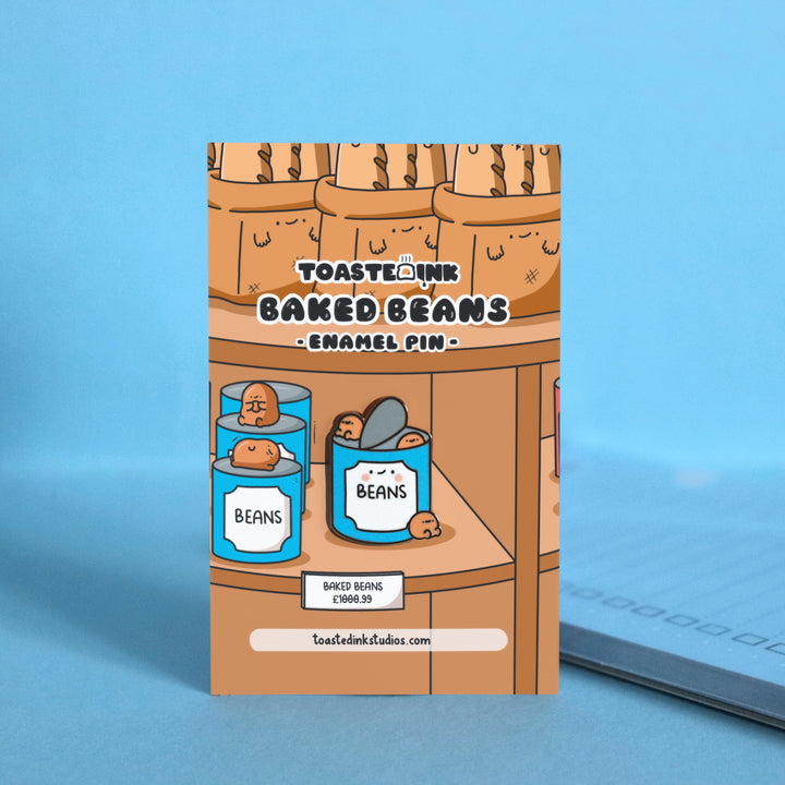 Baked beans enamel pin on shelf backing card