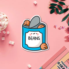 Baked beans vinyl sticker on pink table