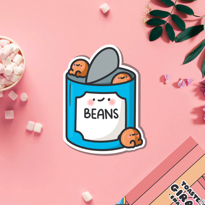 Baked beans vinyl sticker on pink table