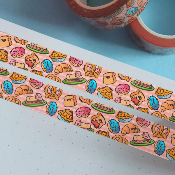 Bakery washi tape on notebook and blue table
