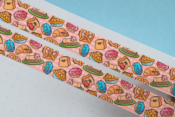 Bakery washi tape on blue table with notebook