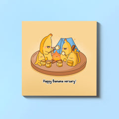 Banana campfire anniversary card on blue table