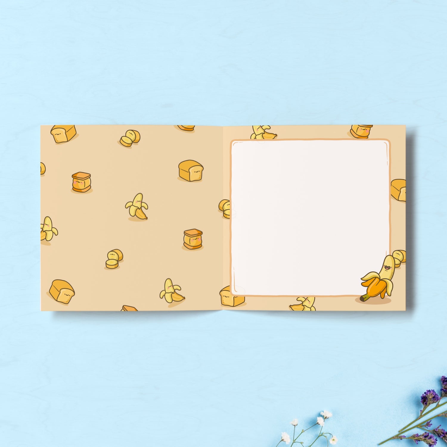 Banana print inside card on blue table