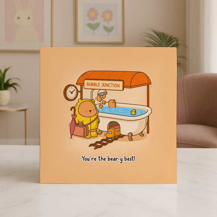 Bear Bath card stood on marble table