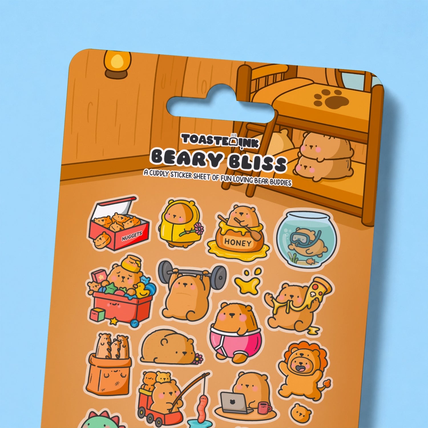 Bear sticker sheet close up on blue table
