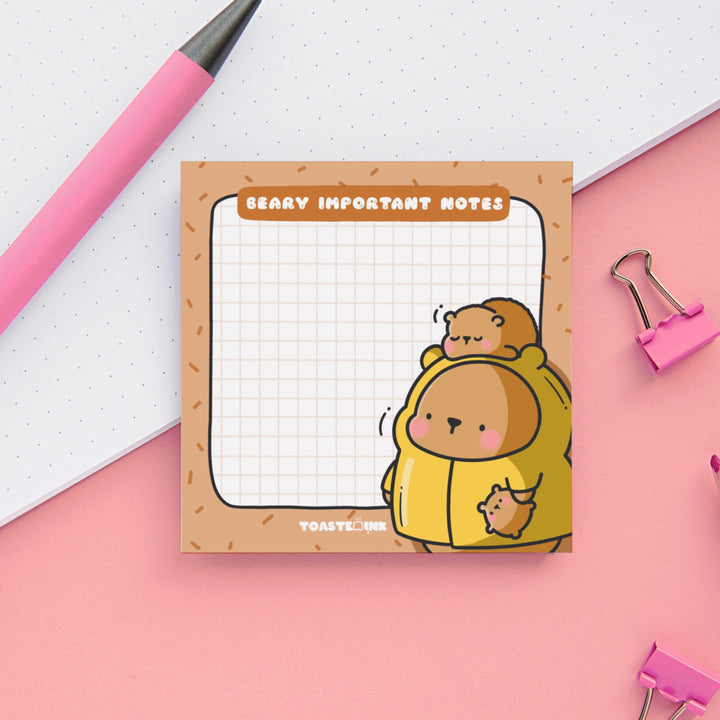 Bear Sticky Notes on pink and white table