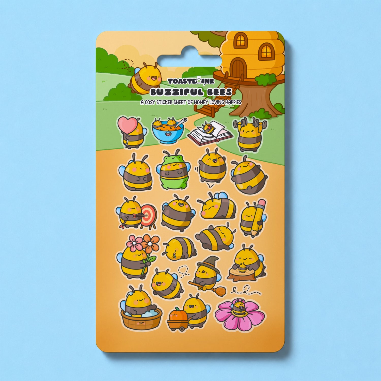 Bumblebee design sticker sheet on blue table