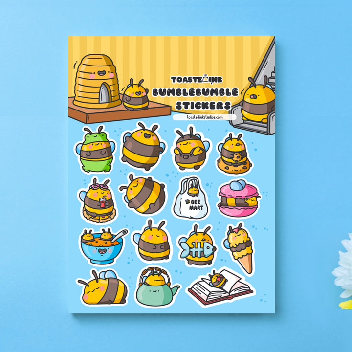 Bee sticker sheet on blue background