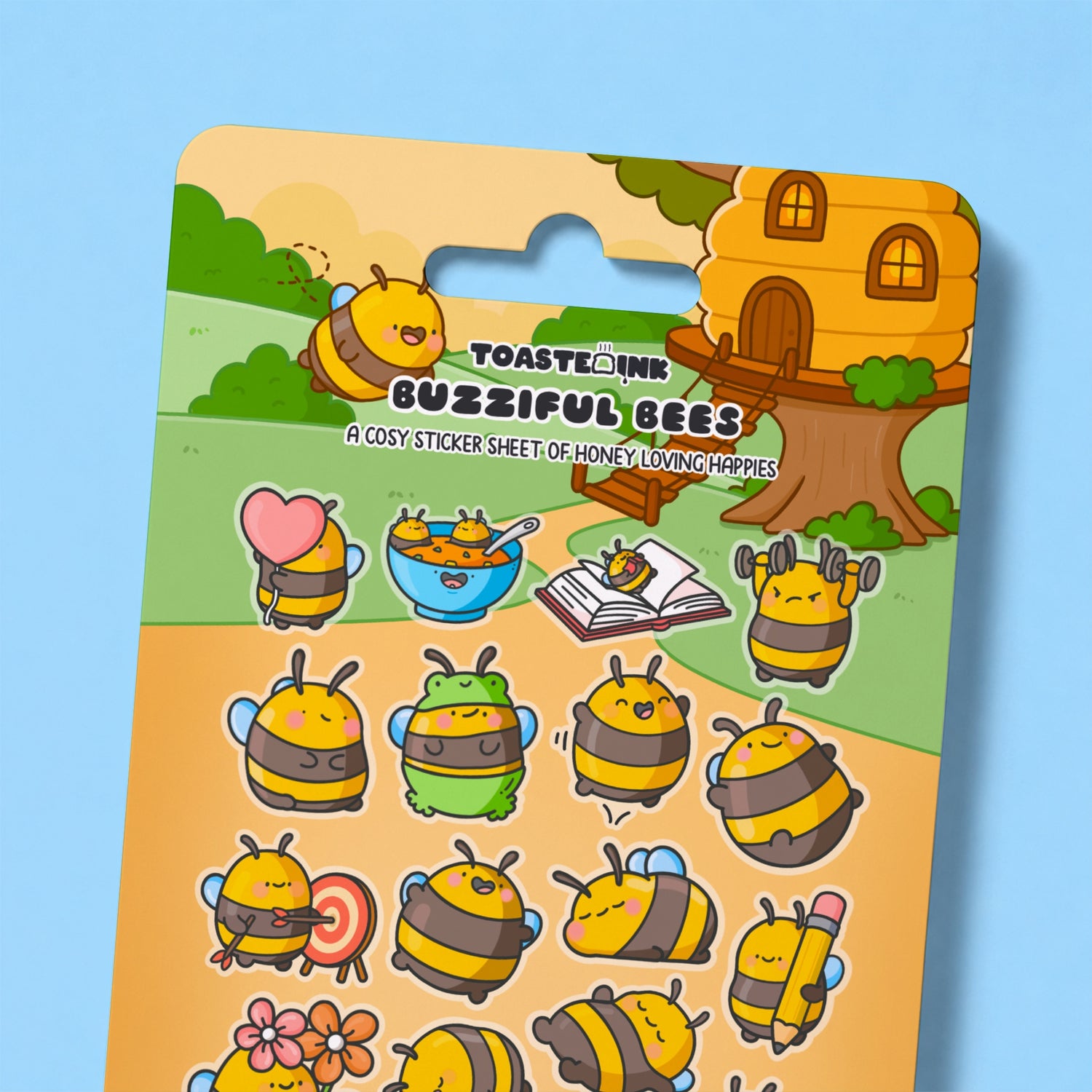 Bee sticker sheet design close up on blue desk