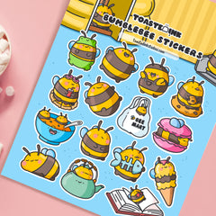 Bee sticker sheet close up on pink table