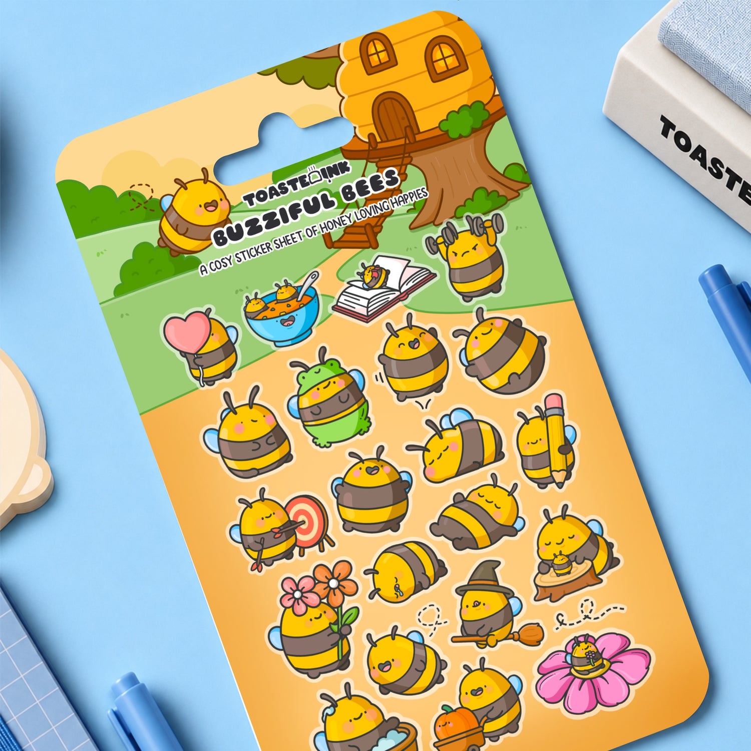Bee sticker Sheet on blue table 