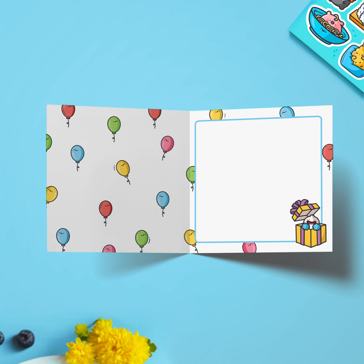 Birthday card kitchen design with balloon print inside card