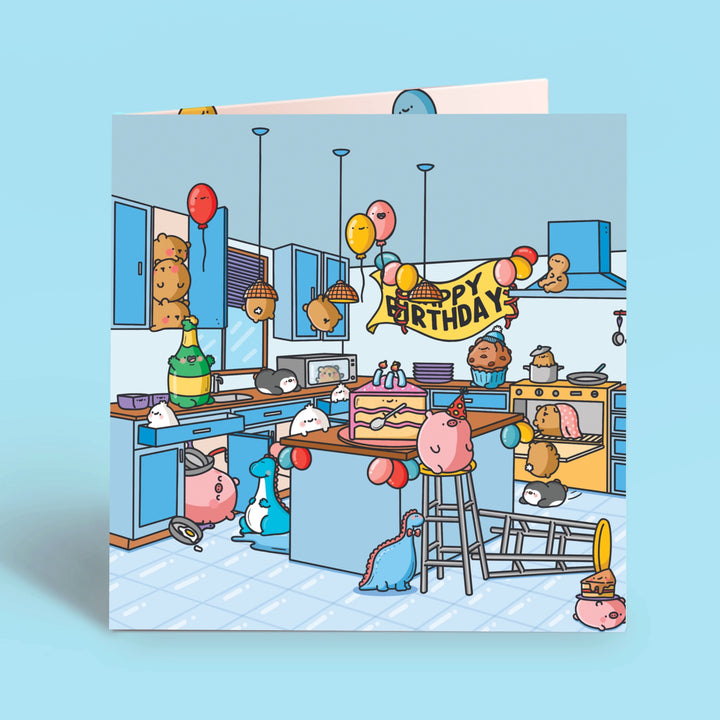 Birthday card kitchen design on blue table