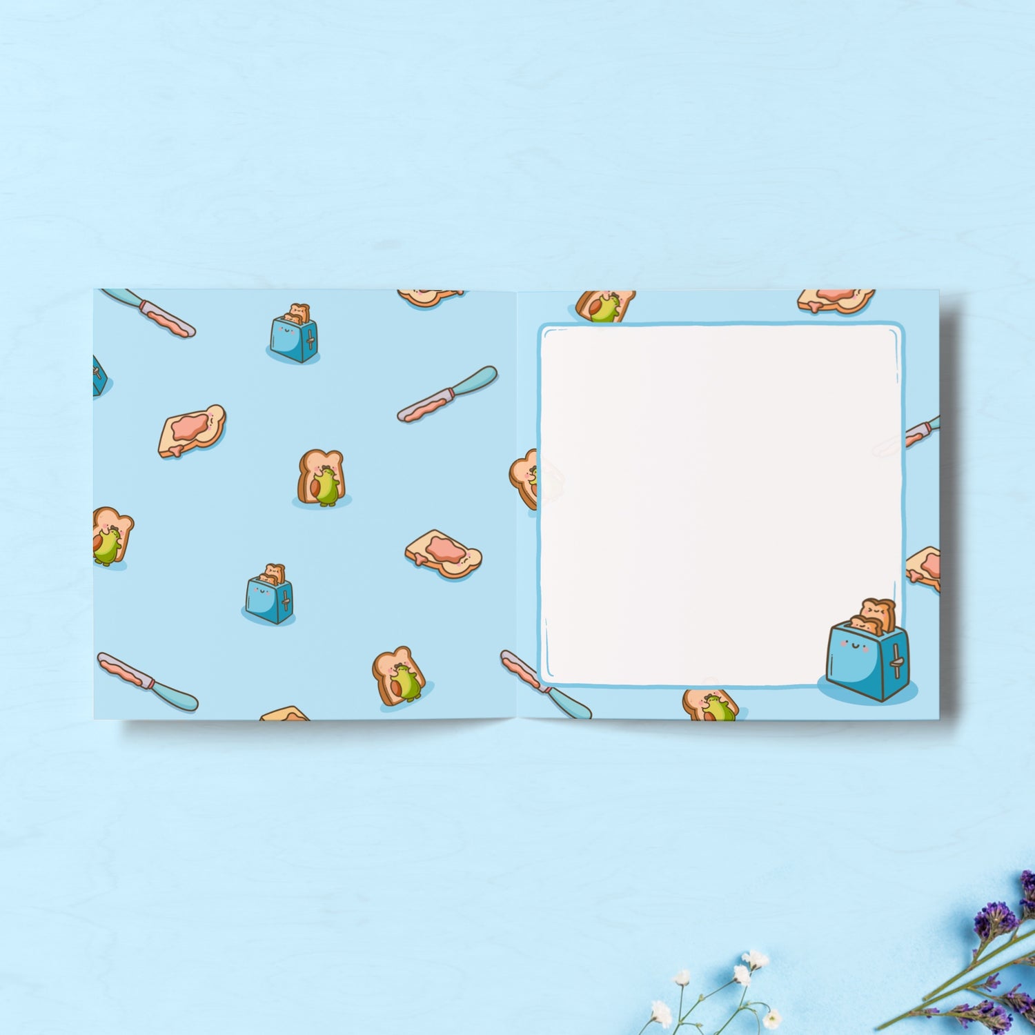 Toast print inside card on blue table