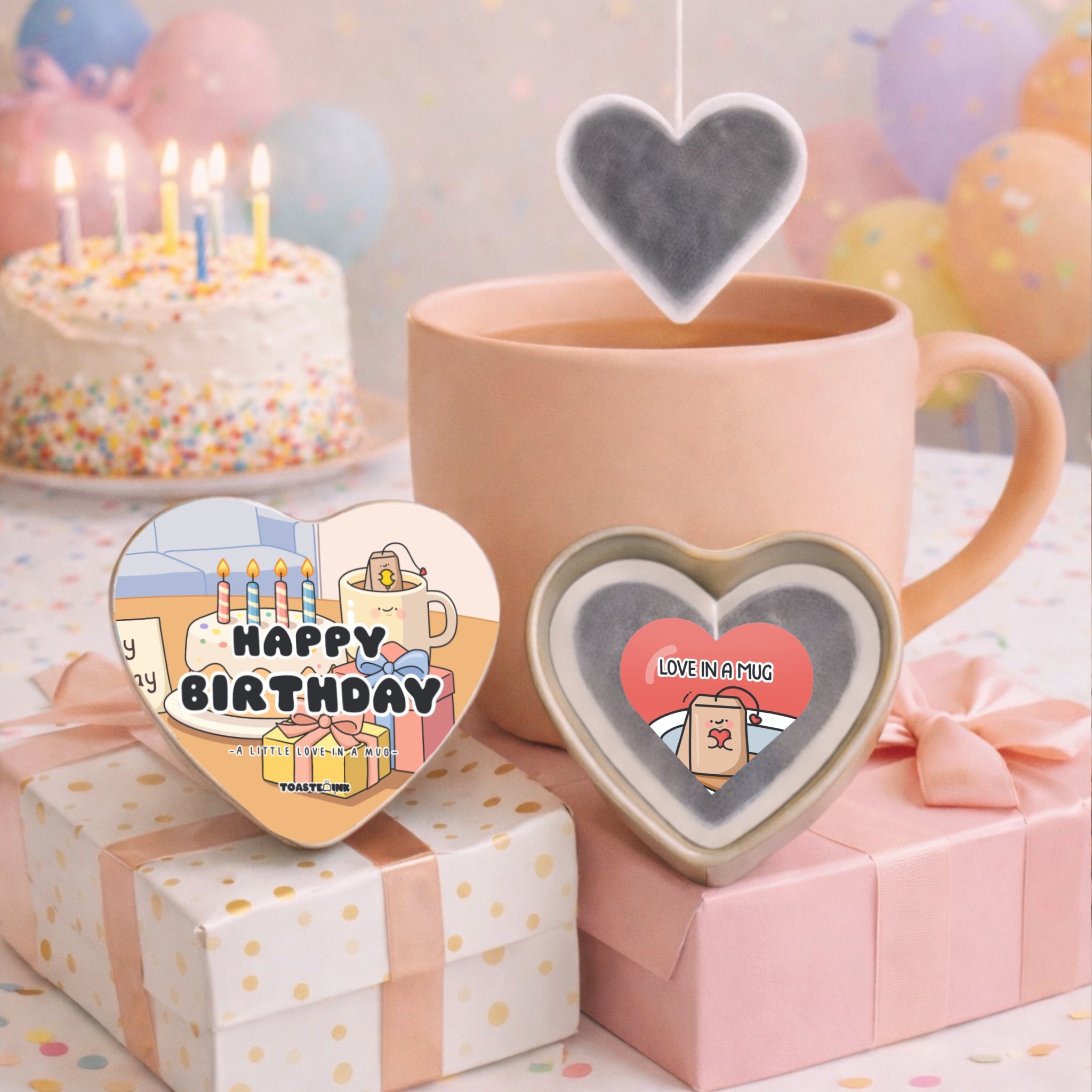 Heart shaped birthday themed tea bags with heart shaped tin