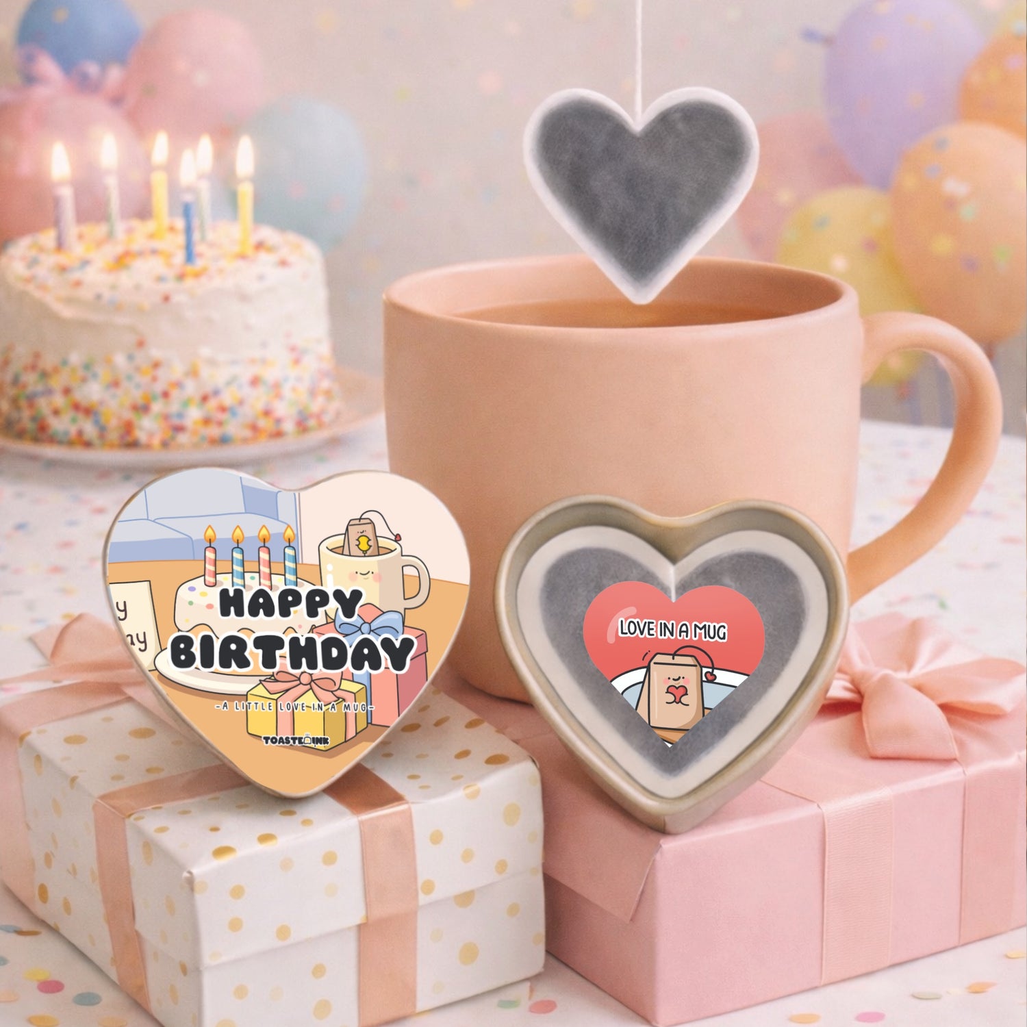 Heart shaped birthday themed tea bags with heart shaped tin