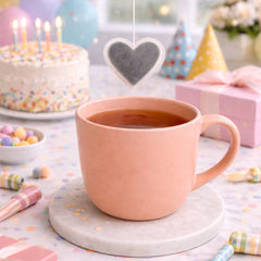 Pink mug on a table with birthday cake, candles, and presents in the background