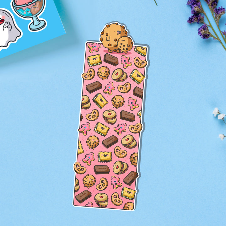 Biscuit Bookmark on blue table with stickers