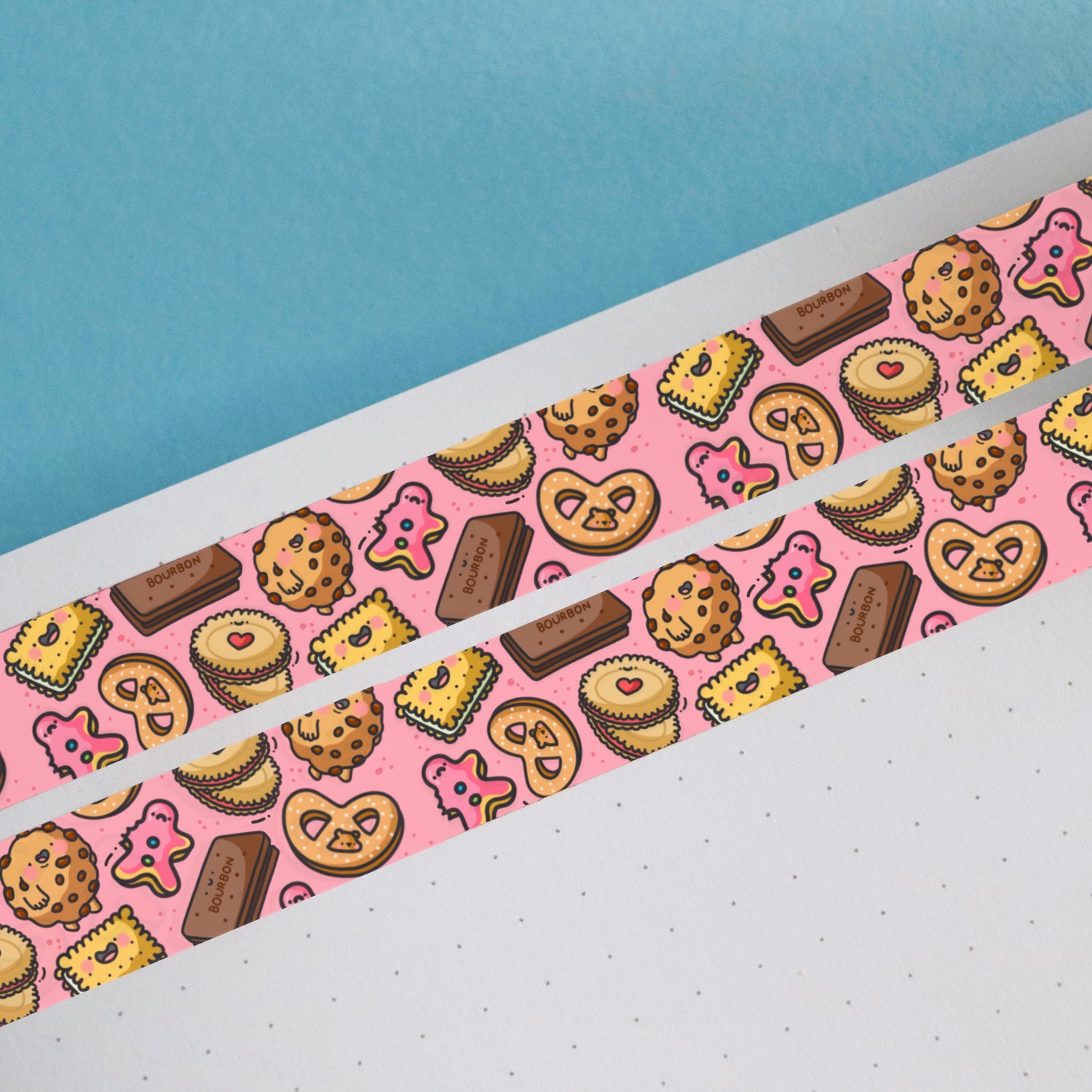 Pink biscuit washi tape on blue background