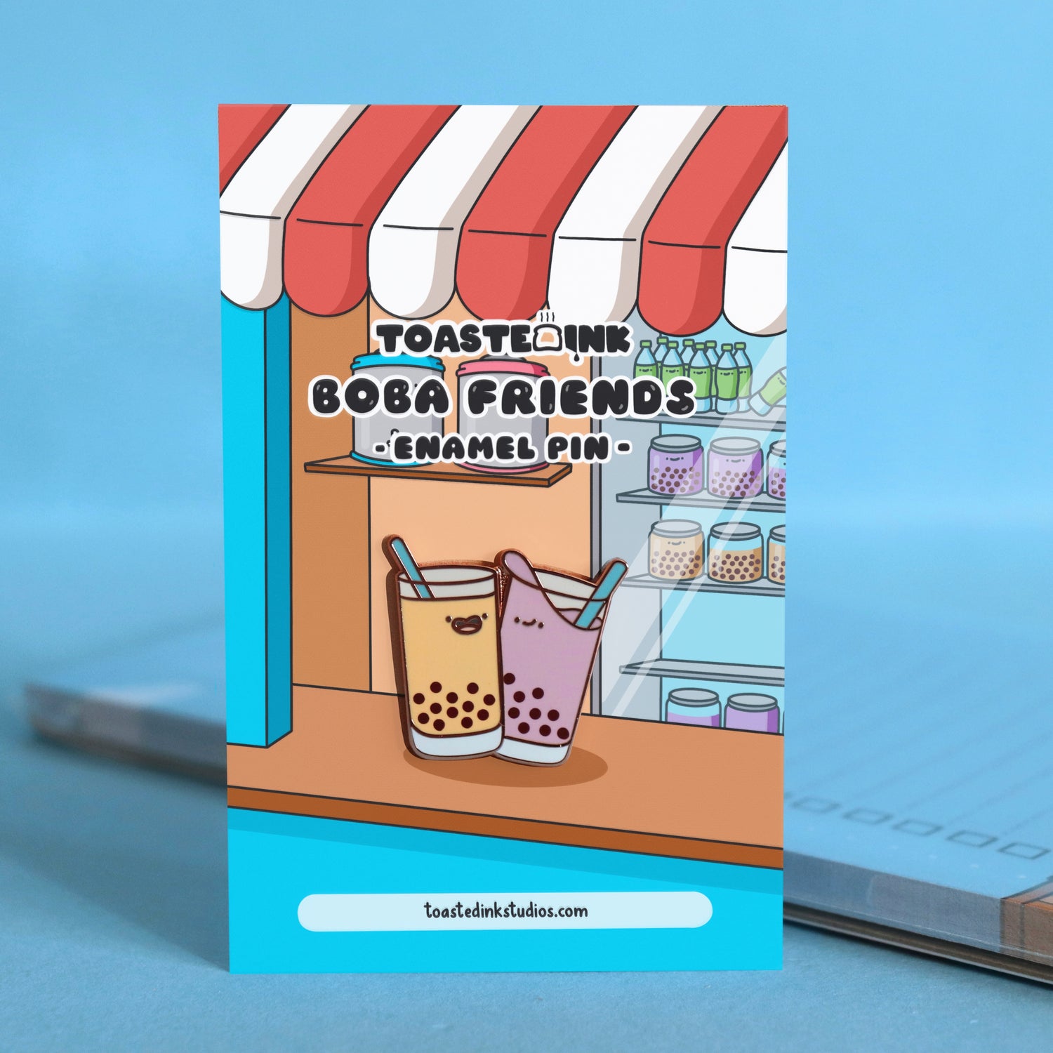 Boba friends enamel pin on bubble tea shop backing card