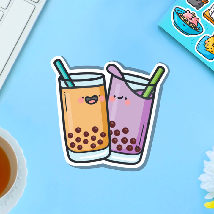 Bubble tea friends vinyl sticker on blue table