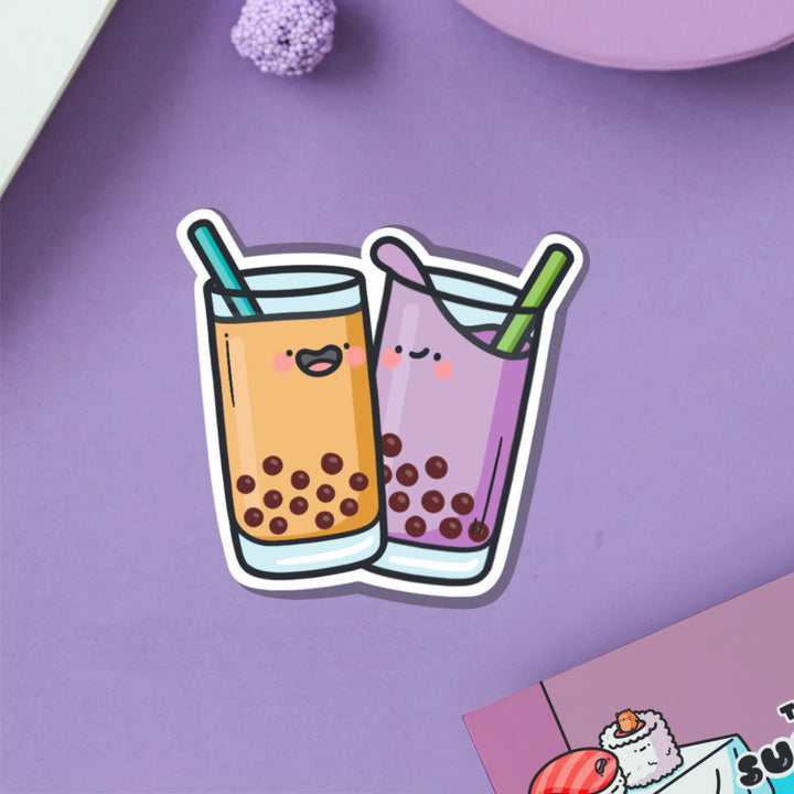 Bubble tea friends vinyl sticker on purple table