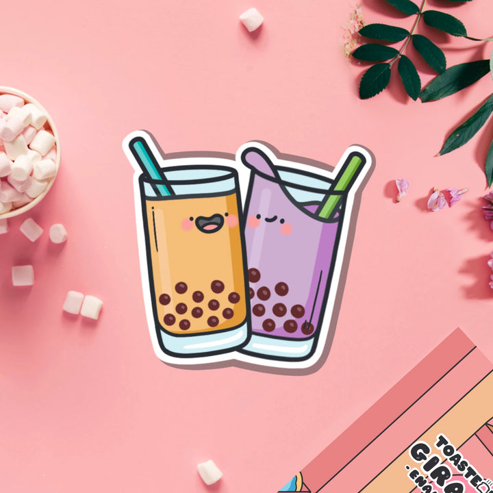 Bubble tea friends vinyl sticker on pink table