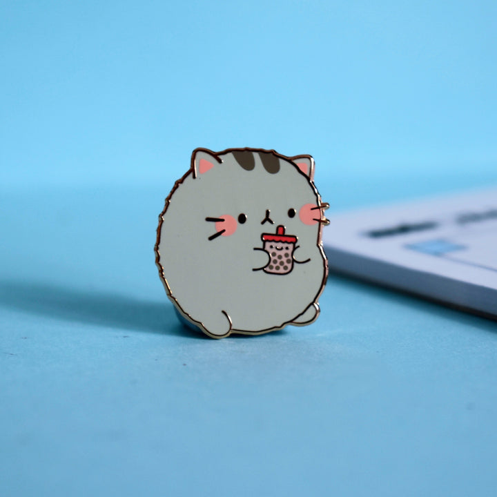 Cat drinking bubble tea enamel pin