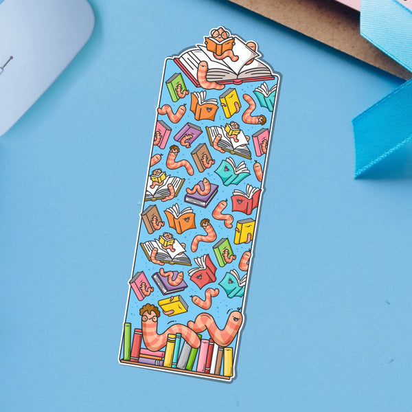 Bookworm Bookmark on blue table