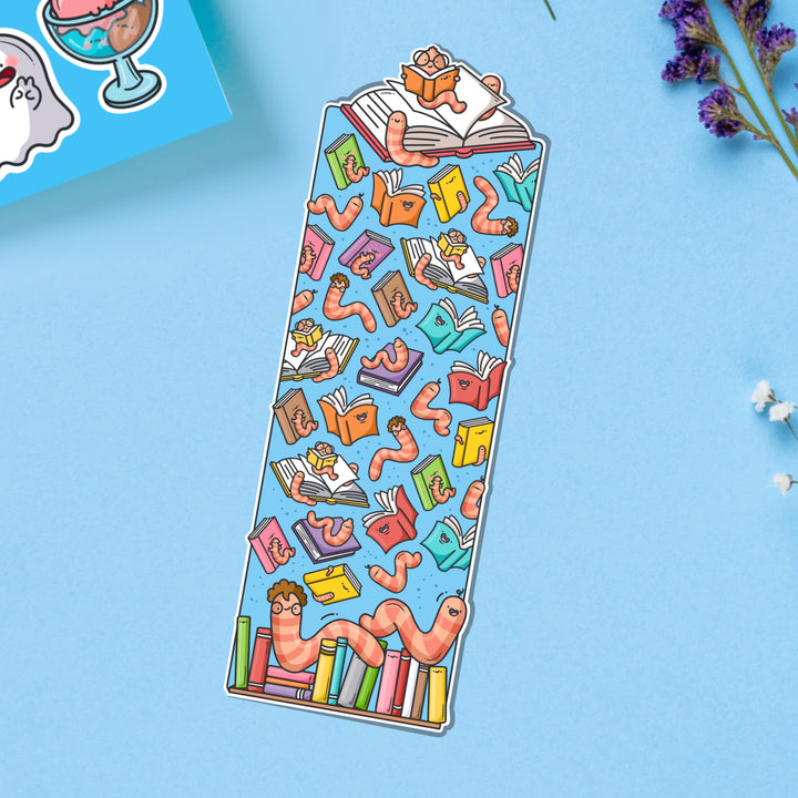 Bookworm Bookmark on blue table with stickers