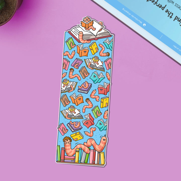 Bookworm Bookmark on purple table