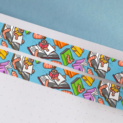 Bookworm washi tape on blue table