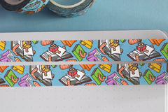 Bookworm washi tape on blue background