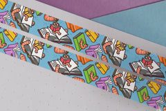 Bookworm washi tape on purple and blue table