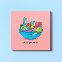 Dinosaurs in a bowl greeting card on blue background