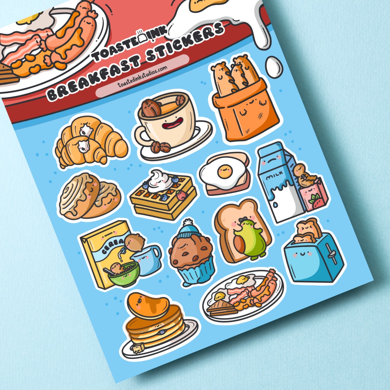 Breakfast sticker sheet on green table