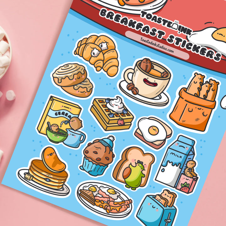 Breakfast sticker sheet close up on pink table