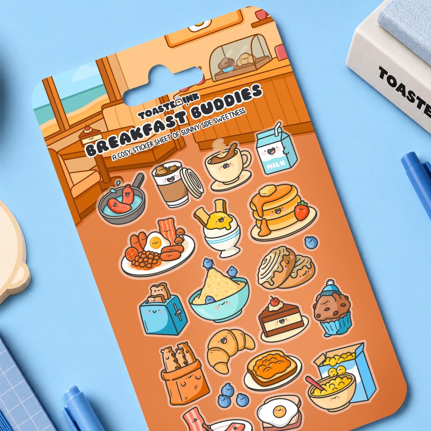 Breakfast design sticker sheet on blue desk
