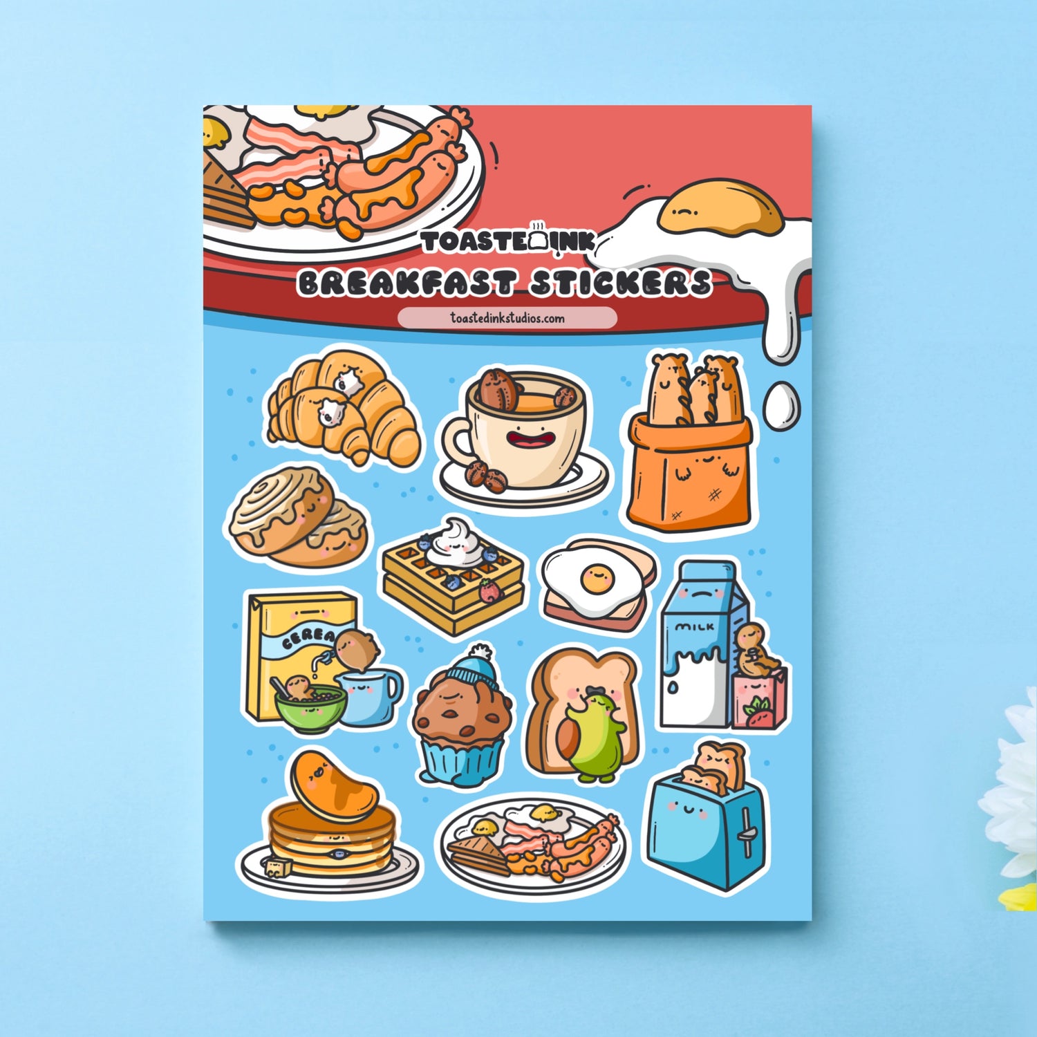 Breakfast sticker sheet on blue table