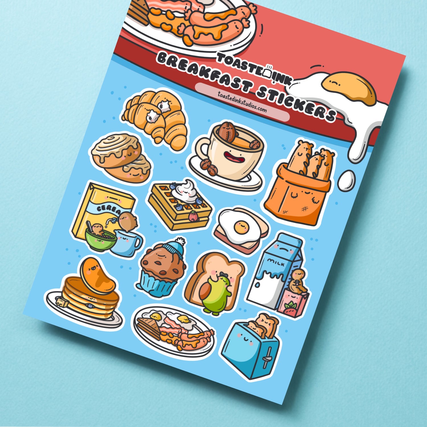 Breakfast sticker sheet on turquoise table