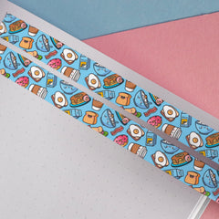 Blue breakfast washi tape on pink and blue table